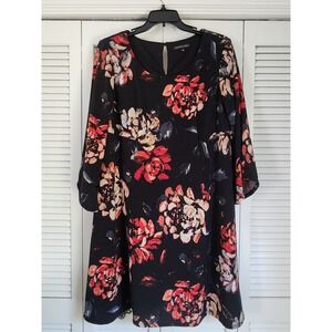 Chris McLaughlin Black Red Floral Knee Length Lined Shift Dress Womens Plus 16W